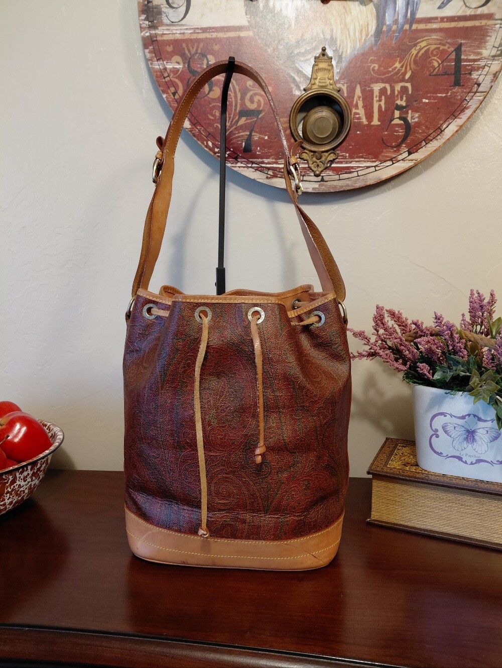 Etro Milano Red Paisley Drawstring Bucket Bag Vintage - Picture 12 of 16